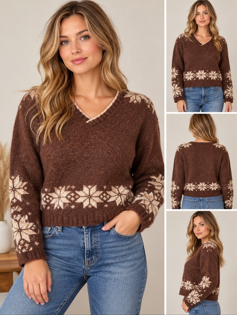 Vintage American Portrait Nordic Fair Isle Snowflake Sweater Brown Cream Wool LG